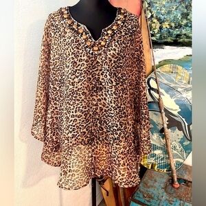 Kaktus,Heavily Beaded Leopard Semi-Sheer Dolman Sleeved Top,Excellent Condition